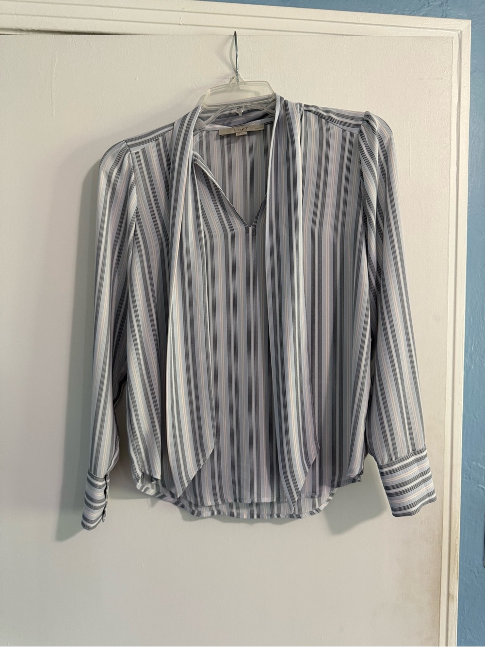 LOFT Blue and White Striped V-Neck Long Sleeve Blouse with Neck Tie
